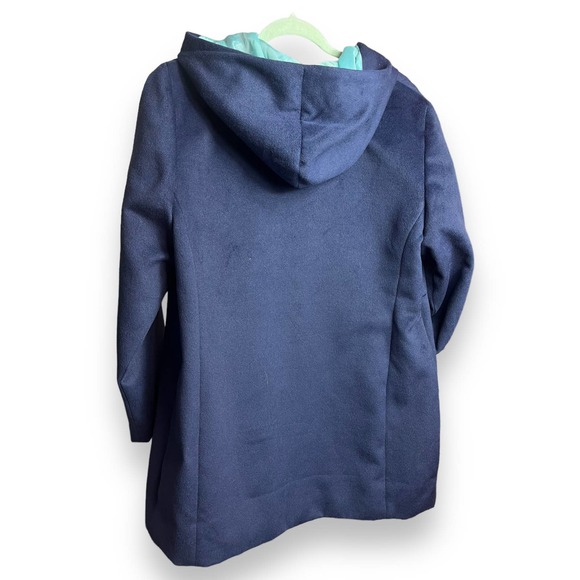 Chico's Hooded Coat, Faux-Wool Winter Mid Jacket | Size 2 (Large) | Navy Blue - Picture 9 of 10